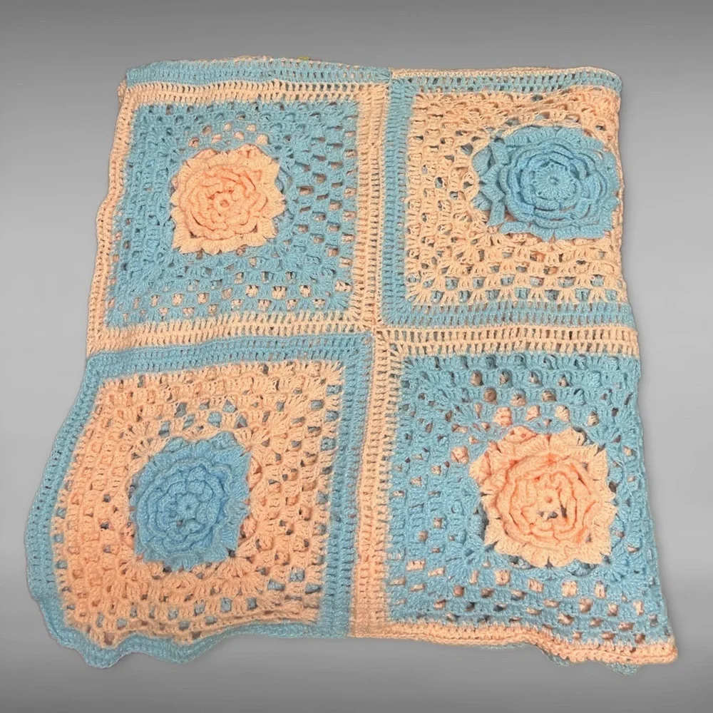 Vintage Floral Granny Square Rose Crochet Afghan Throw Blanket Cottagecore
